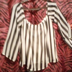 Mystic, XS, stretchy, black/white striped shear, off the shoulder blouse.